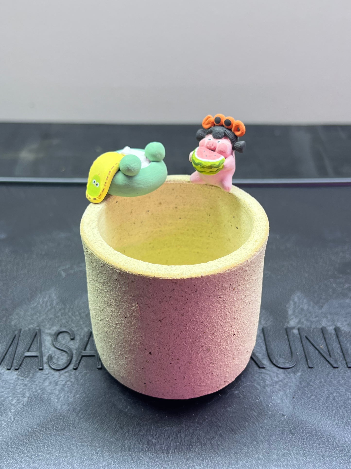 Bath Frog & Watermelon Piggy Rim Pot — 2.25" Handmade Wood-Fired Coarse Clay pot