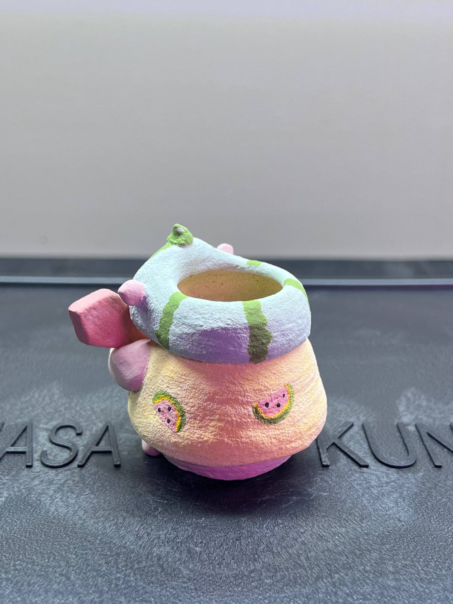 Watermelon Sword Piggy Pot — 1.5" Mini Handmade Wood-Fired Coarse Clay pot