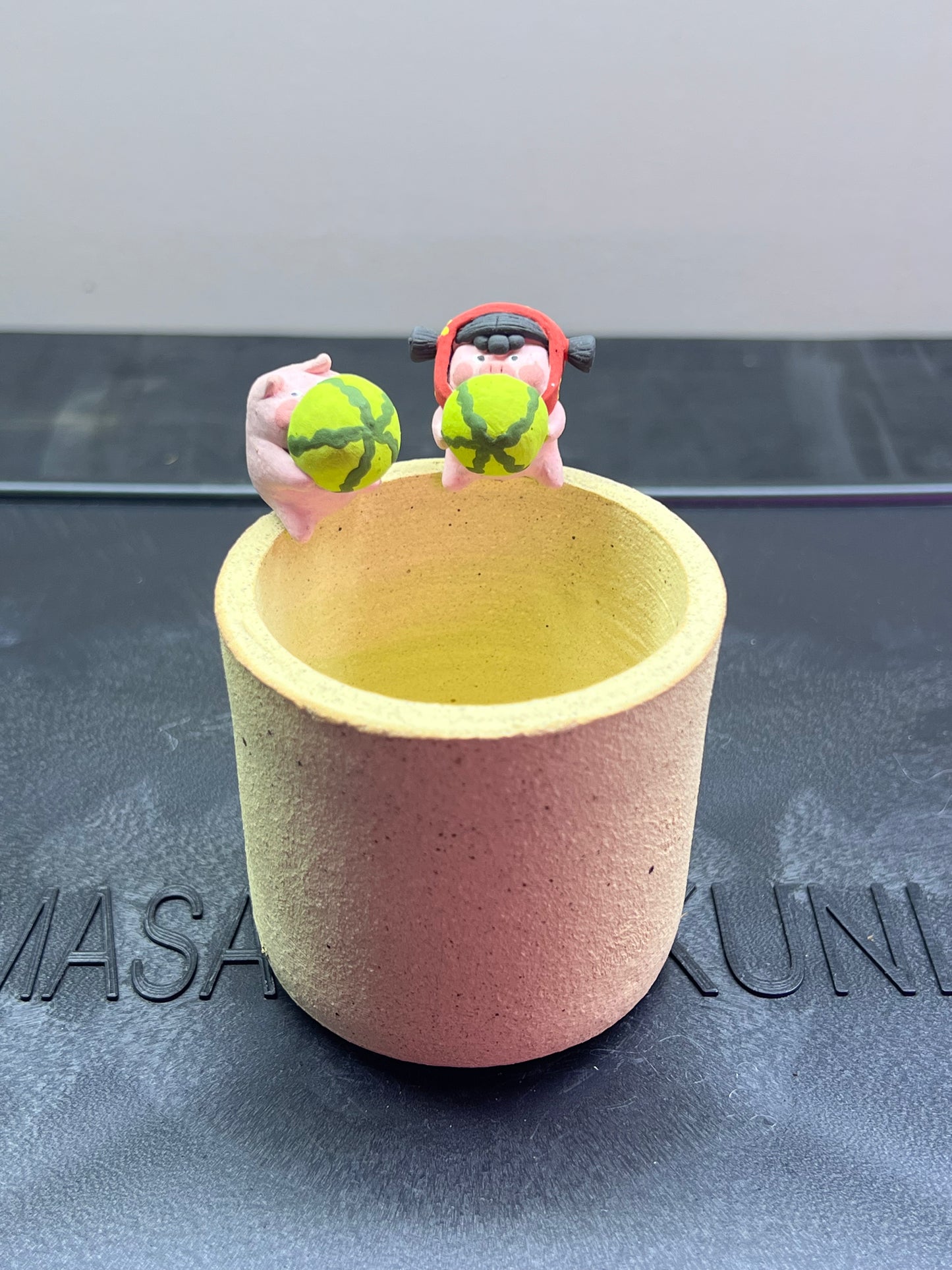 Watermelon Piggy Rim Pot — 2.25" Handmade Wood-Fired Coarse Clay Succulent Pot