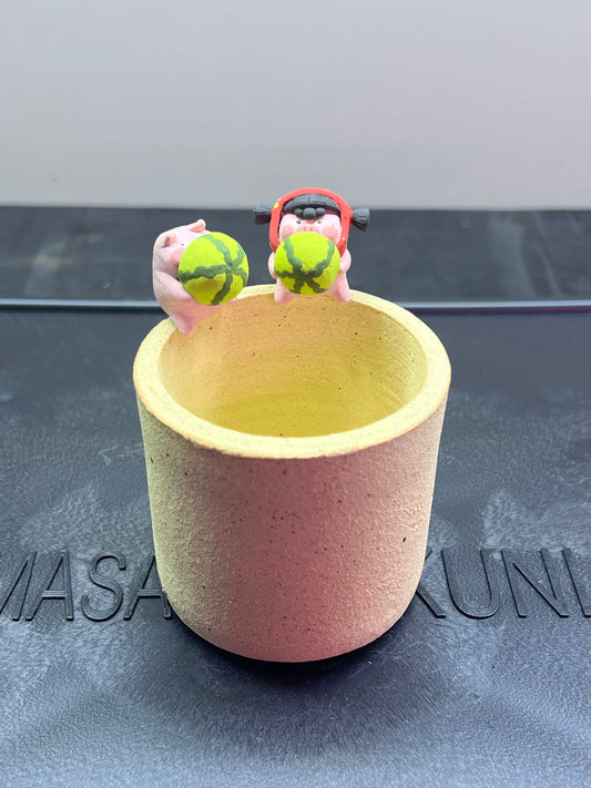 Watermelon Piggy Rim Pot — 2.25" Handmade Wood-Fired Coarse Clay Succulent Pot