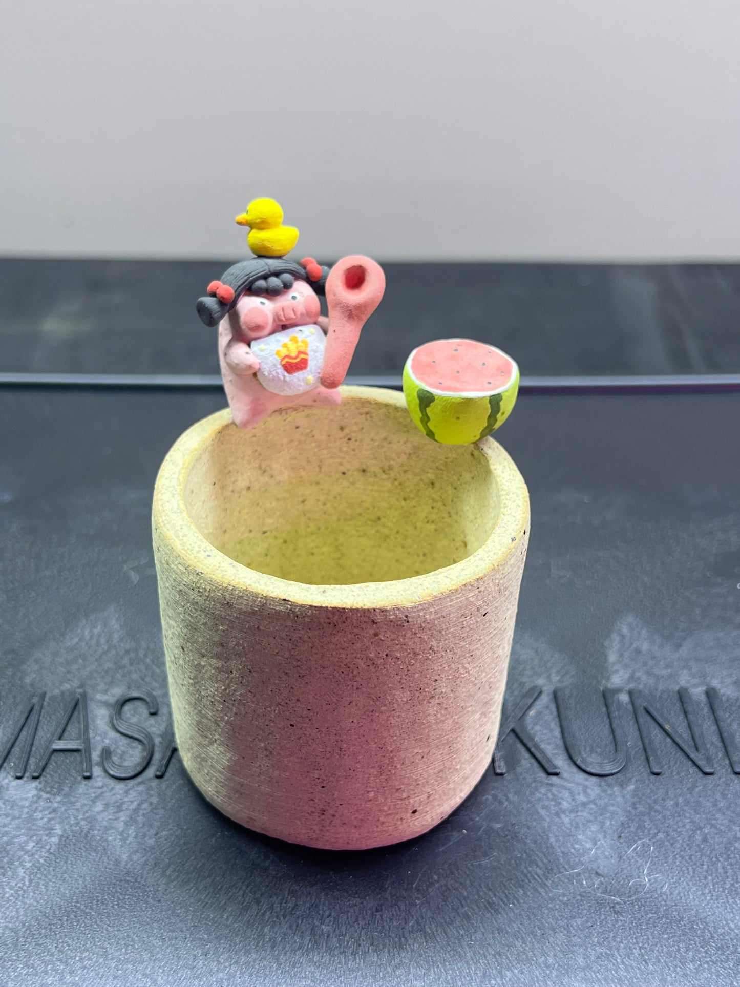 Snack Time Piggy Rim Pot — 2" Handmade Wood-Fired Coarse Clay Succulent Planter
