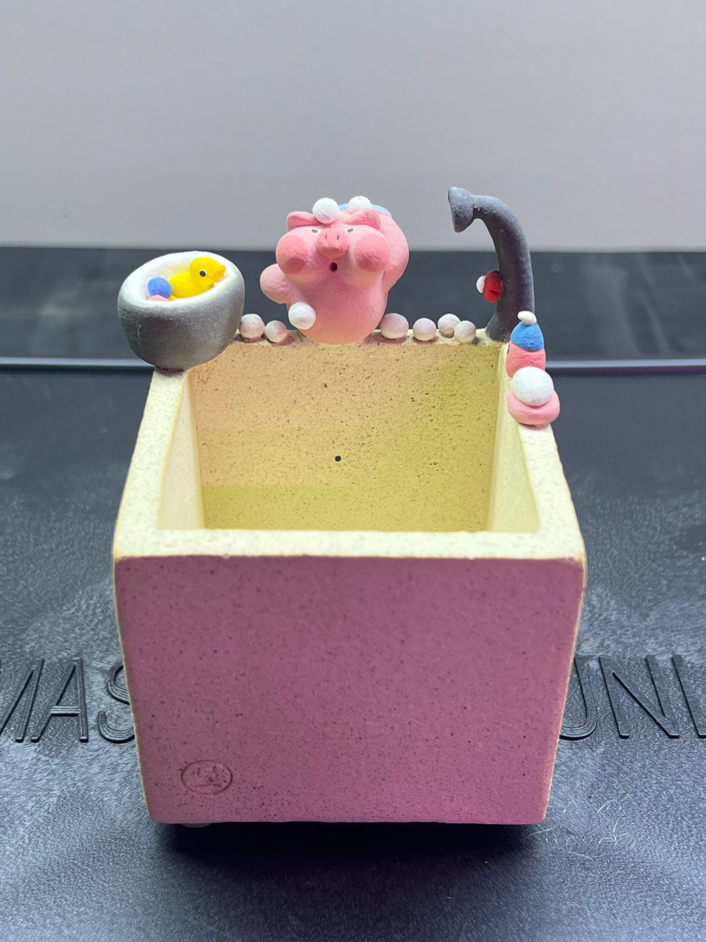 Bath Time Piggy Rim Pot — 2.5" Handmade Wood-Fired Coarse Clay Succulent Planter
