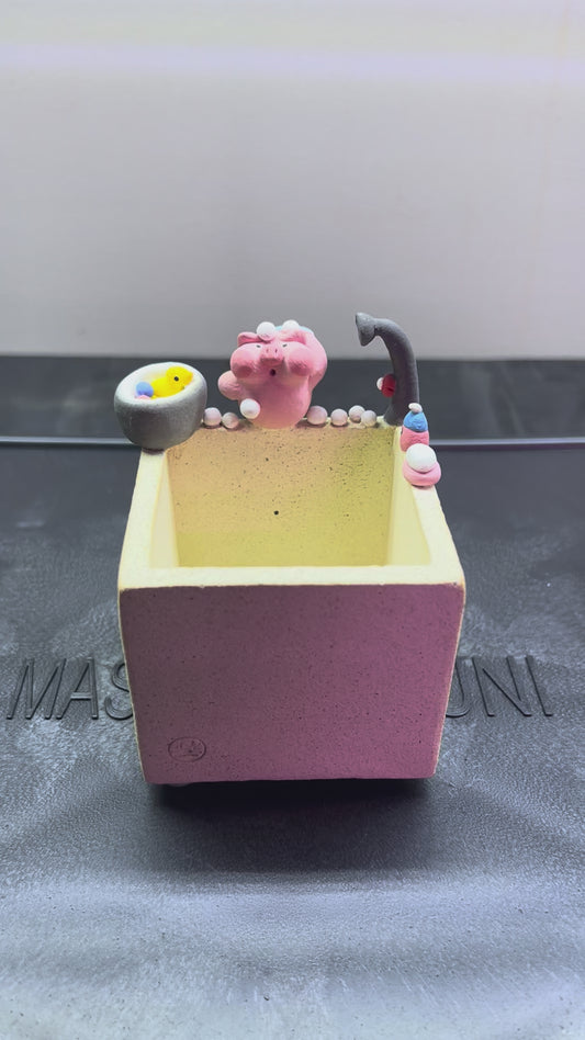 Bath Time Piggy Rim Pot — 2.5" Handmade Wood-Fired Coarse Clay Succulent Planter