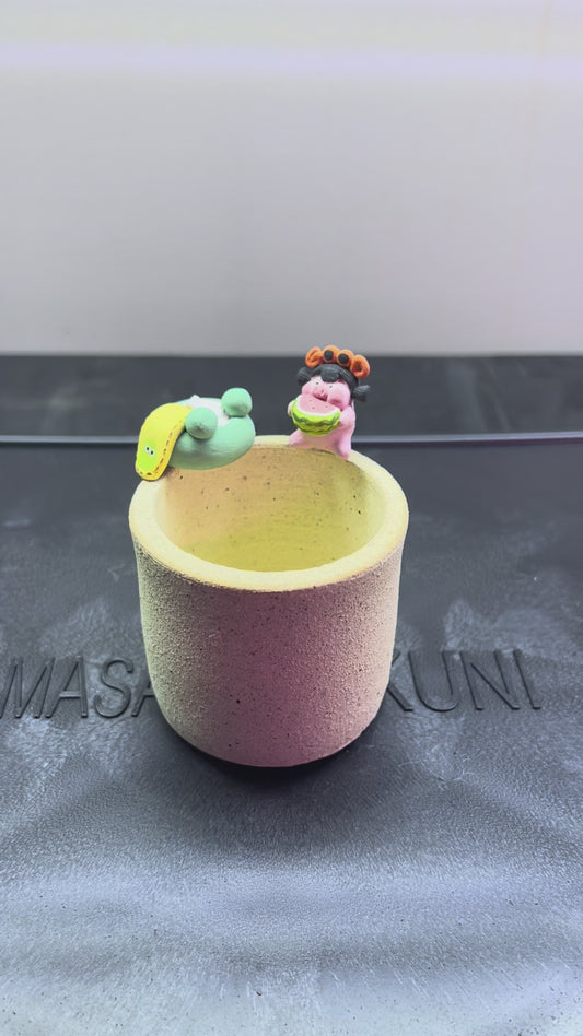 Bath Frog & Watermelon Piggy Rim Pot — 2.25" Handmade Wood-Fired Coarse Clay pot